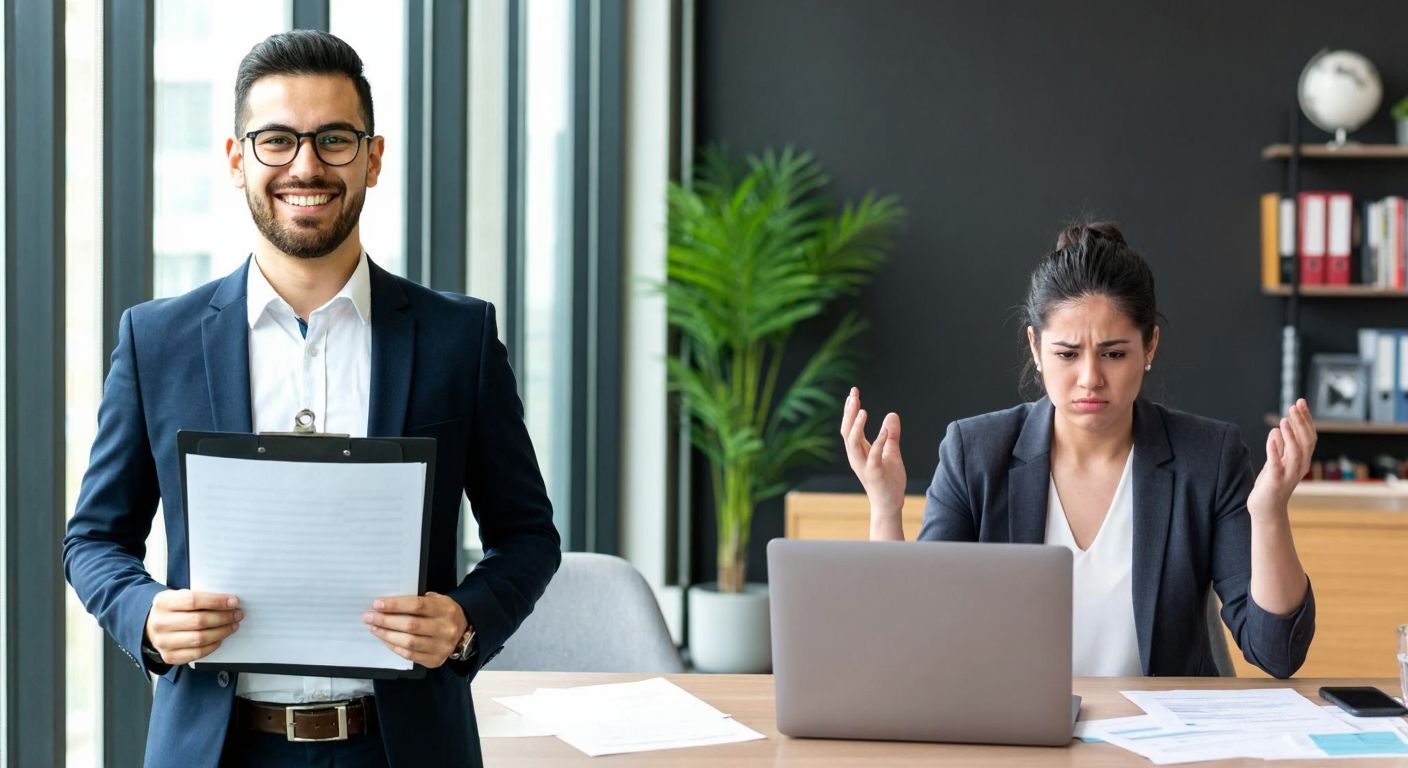 A split-image scene: on the left, a smiling young professional in a business-casual outfit holds a glowing resume while standing in a bright, modern office in Turkey; on the right, the same person frowns at a cluttered desk with spam emails on a laptop screen and a frustrated hand gesture.