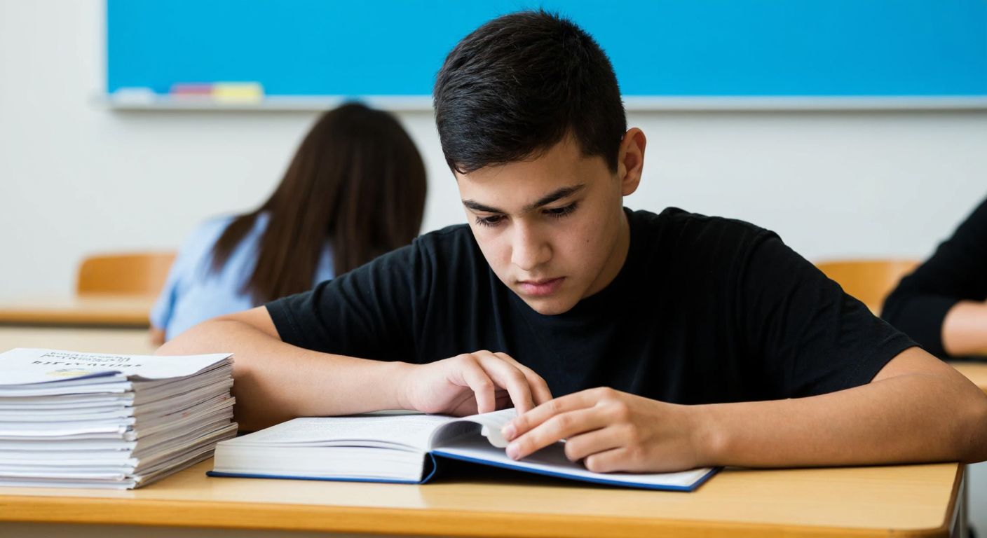 A young Turkish student in a classroom, intently studying a Russian language textbook, with a focused expression and a stack of graded exam papers beside them.