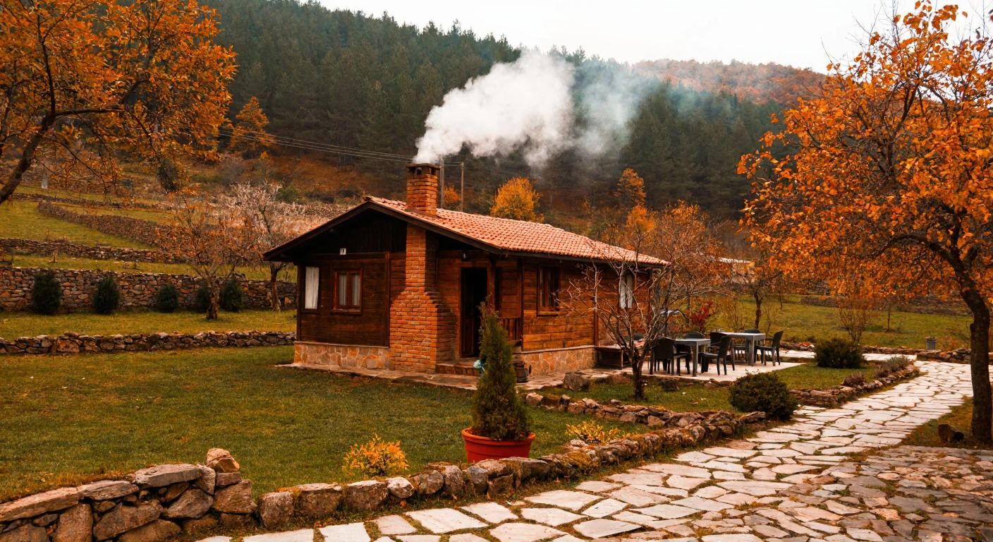 A cozy wooden house in a rural Turkish setting with a brick chimney gently releasing smoke, surrounded by autumn trees and a traditional stone pathway.