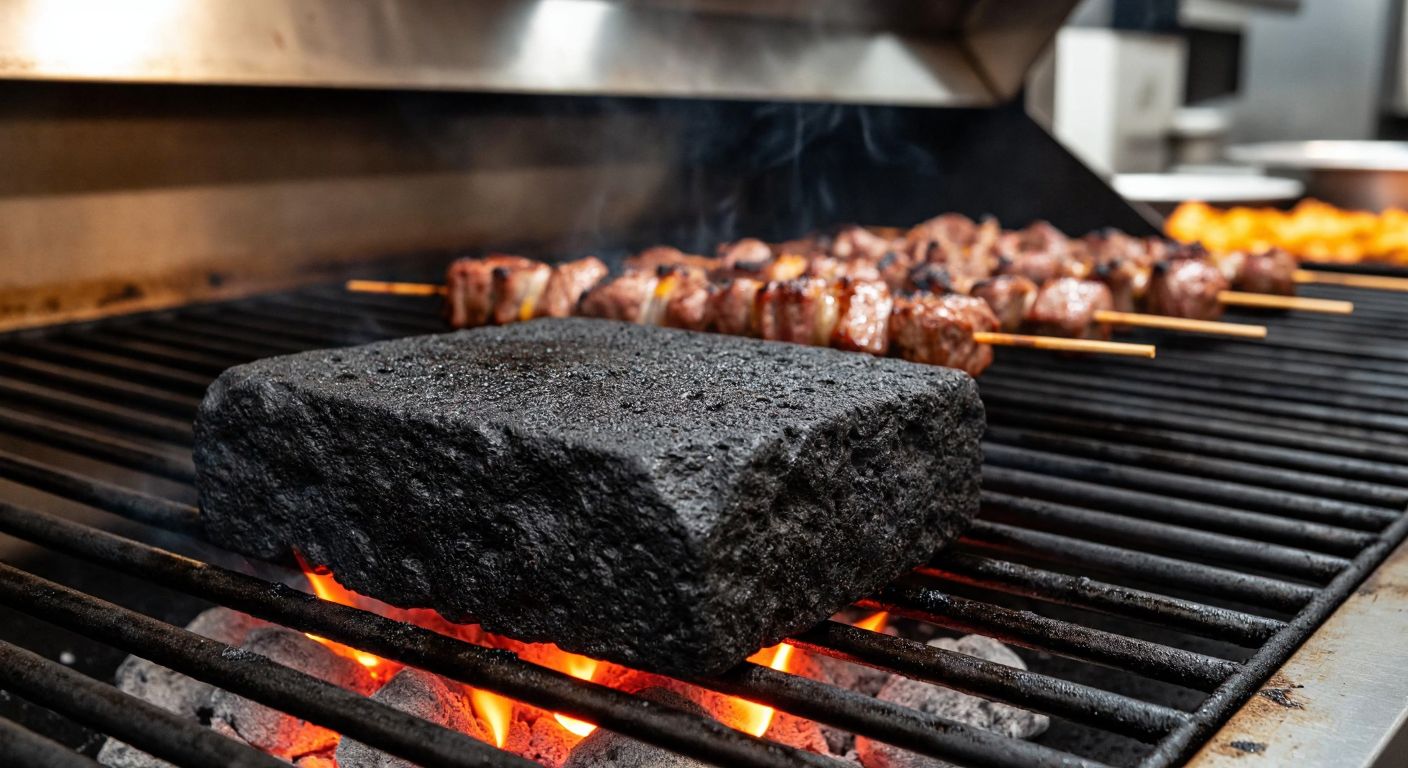 A close-up of a rough, porous black volcanic rock placed on a commercial gas grill in a bustling Turkish industrial kitchen, with glowing embers beneath it and skewered meats sizzling on top.
