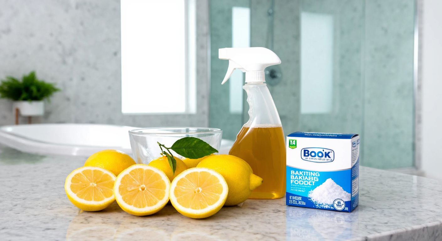A bright, modern Turkish bathroom with a sparkling glass shower cabin, a spray bottle of cleaner, a bowl of vinegar, sliced lemons, and a box of baking soda neatly arranged on a marble countertop, reflecting cleanliness and freshness.