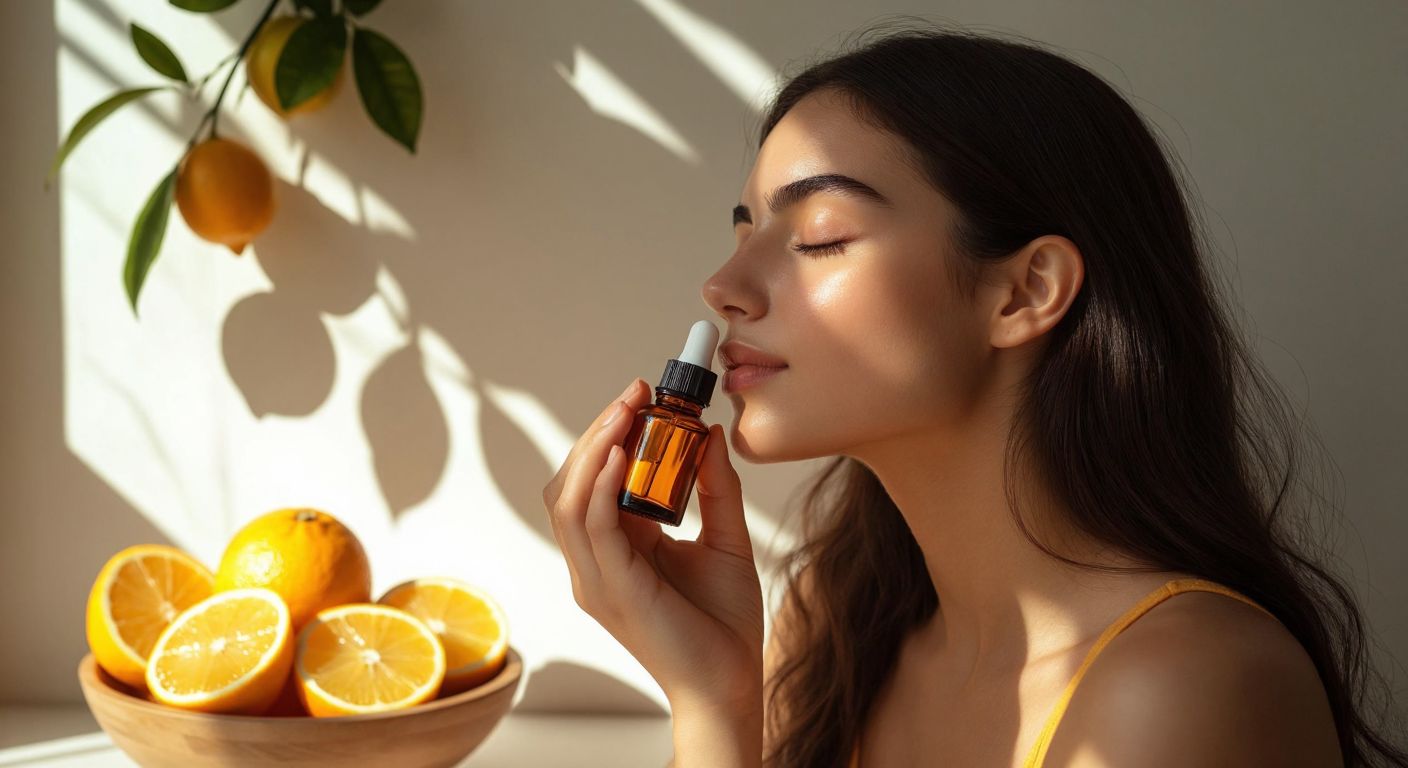 A serene Turkish woman with closed eyes inhales the fresh citrus scent from a small amber bottle, while sunlight filters through a nearby bowl of sliced oranges and lemons, evoking relaxation and natural skincare.