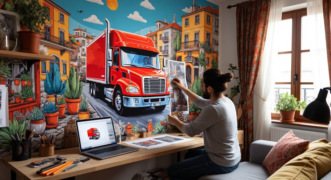 A person in a cozy Turkish home carefully pasting a vibrant truck-themed wallpaper onto a freshly prepared wall, with a laptop open nearby displaying design tools.