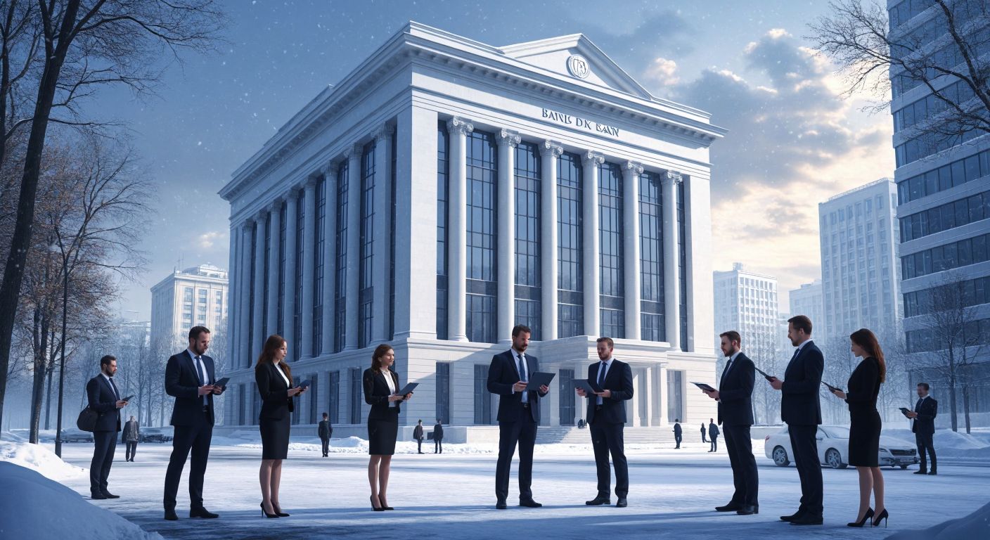 A grand, modern bank building with a sleek glass facade, surrounded by people in business attire exchanging documents and digital tablets, set against a snowy Russian cityscape.