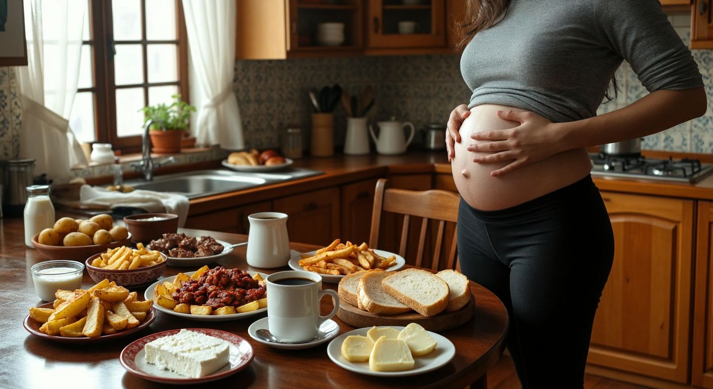 A Turkish kitchen table scattered with avoided foods like full-fat dairy, fried potatoes, white bread, and coffee, while a concerned person with a hand on their abdomen looks at the items with hesitation.