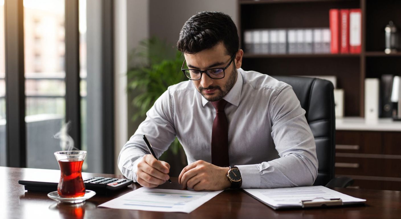 A Turkish accountant in a modern office, wearing glasses and a formal shirt, carefully reviewing a printed financial document with a calculator and a steaming cup of Turkish tea beside them.