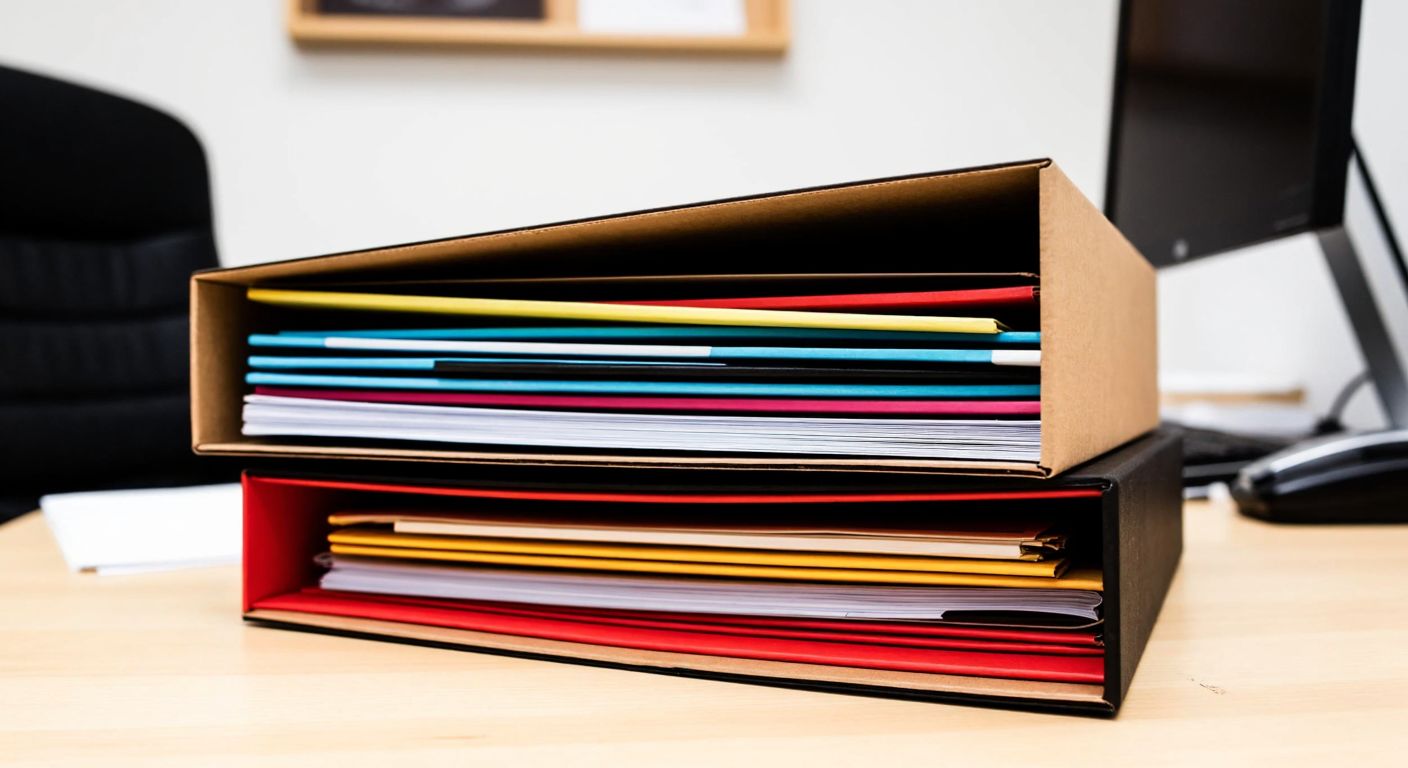 A neatly stacked pile of sturdy cardboard folders with colorful covers, some open to reveal inner pockets filled with organized documents, placed on a wooden office desk in a well-lit Turkish workspace.