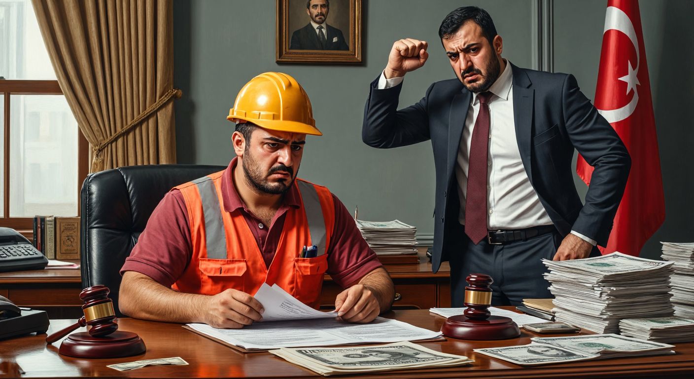 A frustrated Turkish worker in a construction helmet sits at a cluttered desk with an unsigned document, while a stern-faced employer in a suit shakes his head, with a looming gavel and a stack of unpaid bills in the background.