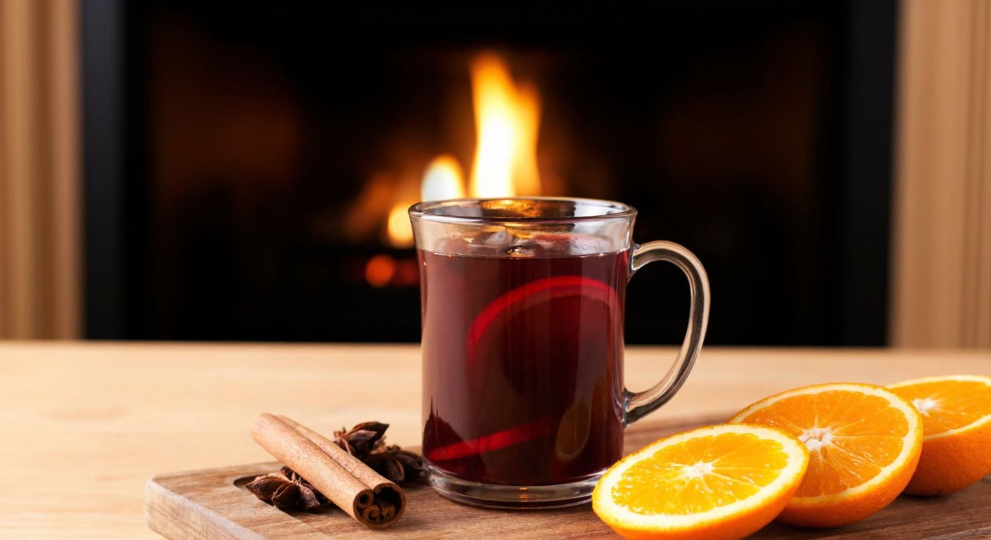 A cozy winter scene with a steaming Irish coffee mug filled with mulled wine, resting on a wooden table beside a cinnamon stick and orange slices, with a warm fireplace glowing in the background.