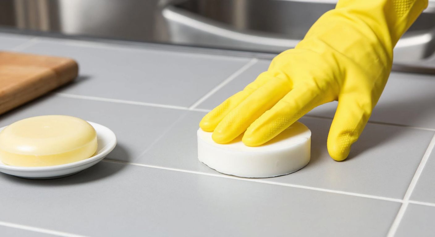 A close-up of a yellow rubber dishwashing glove smoothing a bead of white silicone on a tiled surface, with a small bowl of liquid soap nearby.