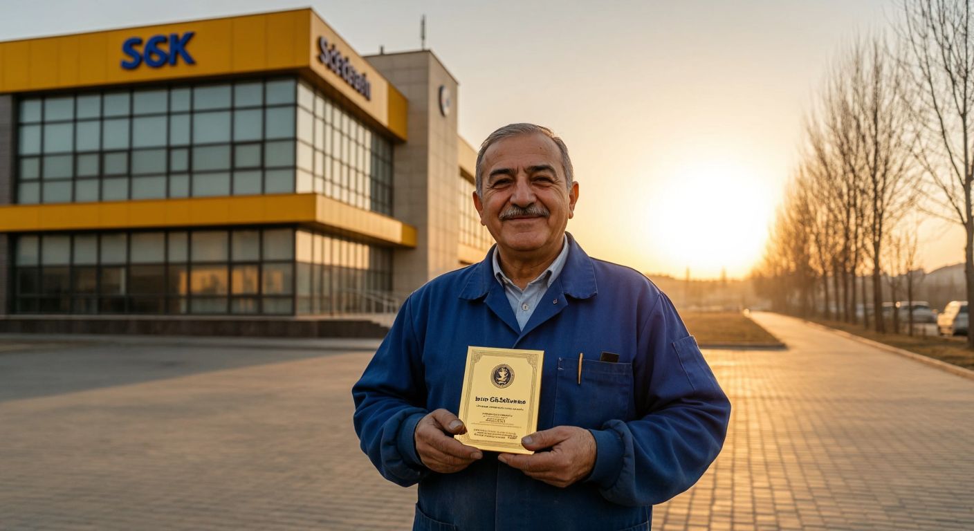 A smiling elderly Turkish worker in a factory uniform holds a golden retirement certificate while standing in front of the Social Security Institution (SGK) building in Ankara, with a warm sunset casting long shadows.