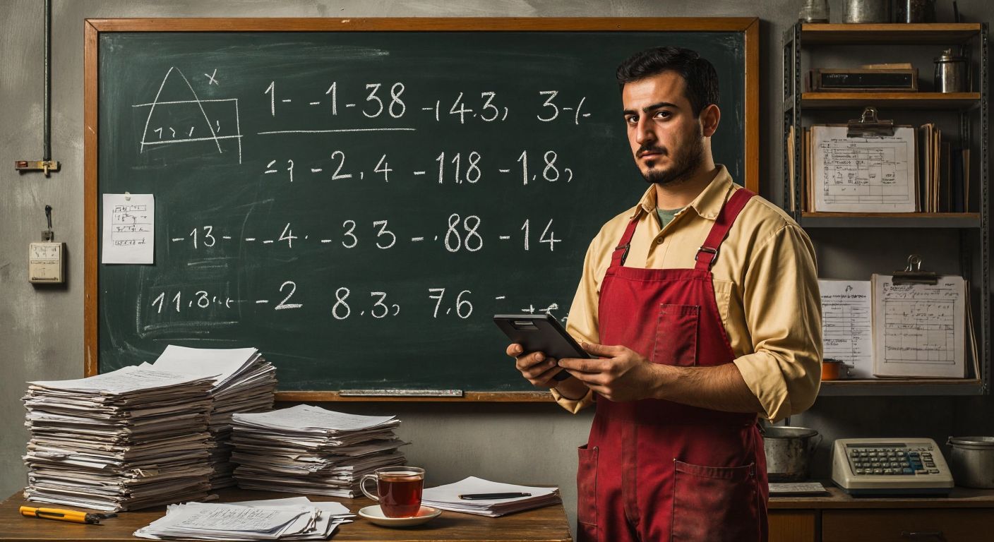 A Turkish worker in a factory uniform holds a calculator while standing near a chalkboard covered with simple division and multiplication marks, surrounded by stacks of paperwork and a steaming cup of çay.  

(Note: The chalkboard marks are abstract and do not include numbers or symbols—only vague chalk strokes to imply calculations.)