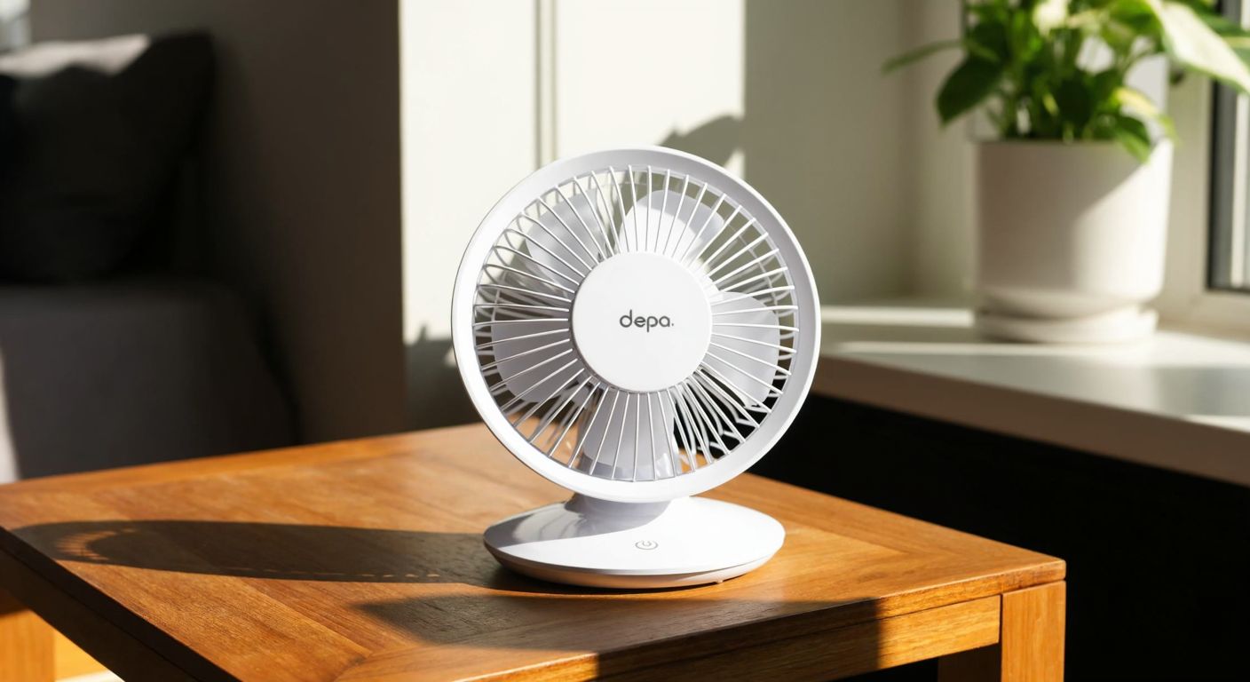 A sleek white fan with a modern design sits on a wooden table in a sunlit Turkish home, with a small "Depa Elektronik" logo subtly embossed on its base.