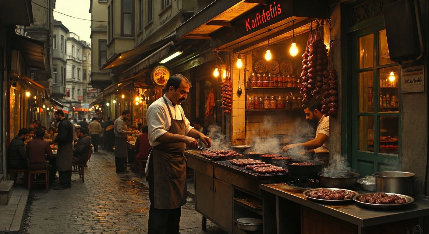 A bustling, narrow Istanbul street with the warm glow of a traditional köfteci's shop, where a mustachioed cook grills juicy meatballs over charcoal, surrounded by eager customers and the aroma of spices.