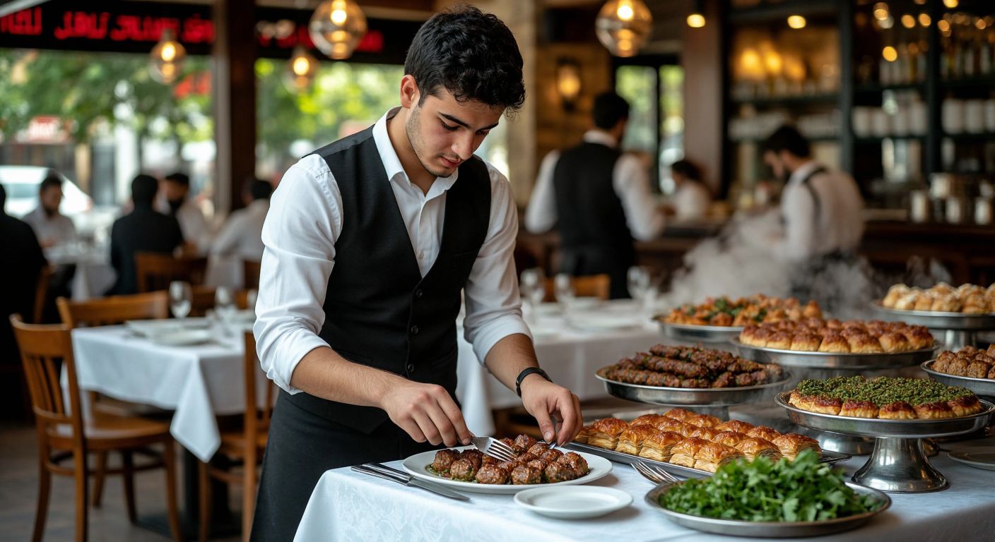 A young man in a crisp white shirt and black vest carefully arranges silverware on a linen-covered table in a bustling Turkish restaurant, while steaming plates of kebabs and baklava pass by on trays.