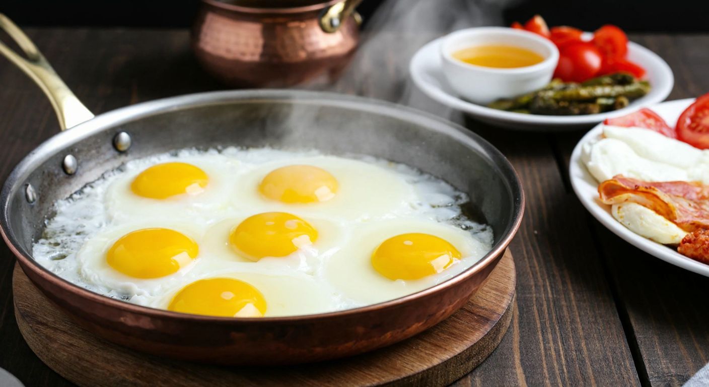 A sizzling copper pan with golden-yolked eggs frying in melted butter, steam rising, placed on a rustic wooden table beside a traditional Turkish breakfast spread.