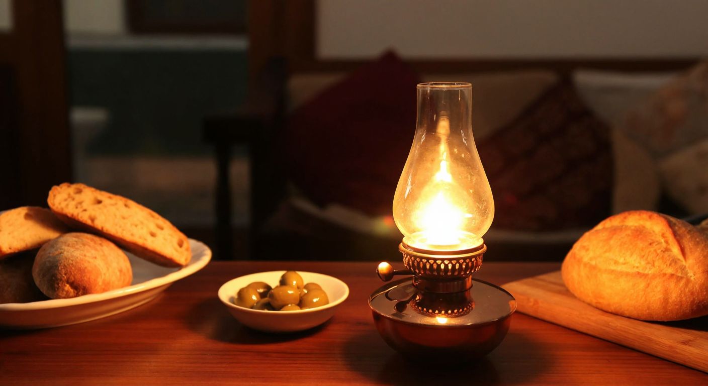 A warm, flickering oil lamp with a golden glow sits on a wooden table in a cozy Turkish home, surrounded by a bowl of olives and fresh bread.