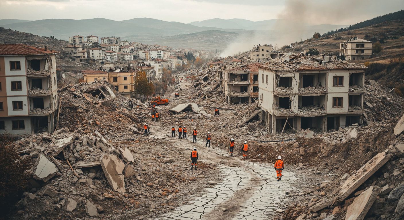 A cracked, mountainous Turkish landscape under a hazy sky, with collapsed buildings and rescue workers in orange vests sifting through rubble, conveying devastation and urgency.