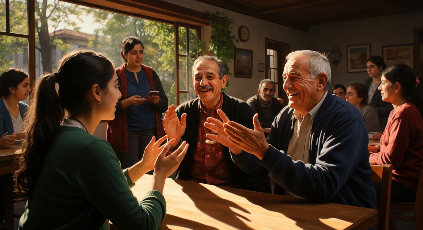 A young Turkish woman with focused expression practices sign language with a smiling elderly hearing-impaired man in a sunlit community center, surrounded by others engaged in lively conversations using hand gestures.