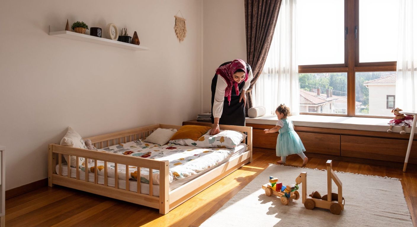 A cozy, sunlit nursery in Turkey with a low Montessori-style floor bed, wooden toys, and a child’s colorful blanket, while a mother in traditional Turkish clothing gently adjusts the bedding.