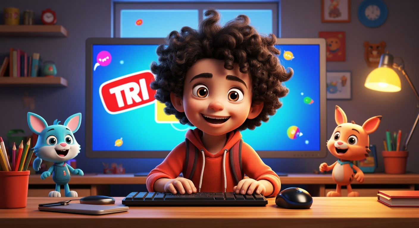A cheerful Turkish child with dark curly hair sits at a wooden desk, eagerly clicking a mouse in front of a glowing computer screen displaying colorful TRT Çocuk branding, surrounded by playful cartoon stickers of Tel Ali characters.
