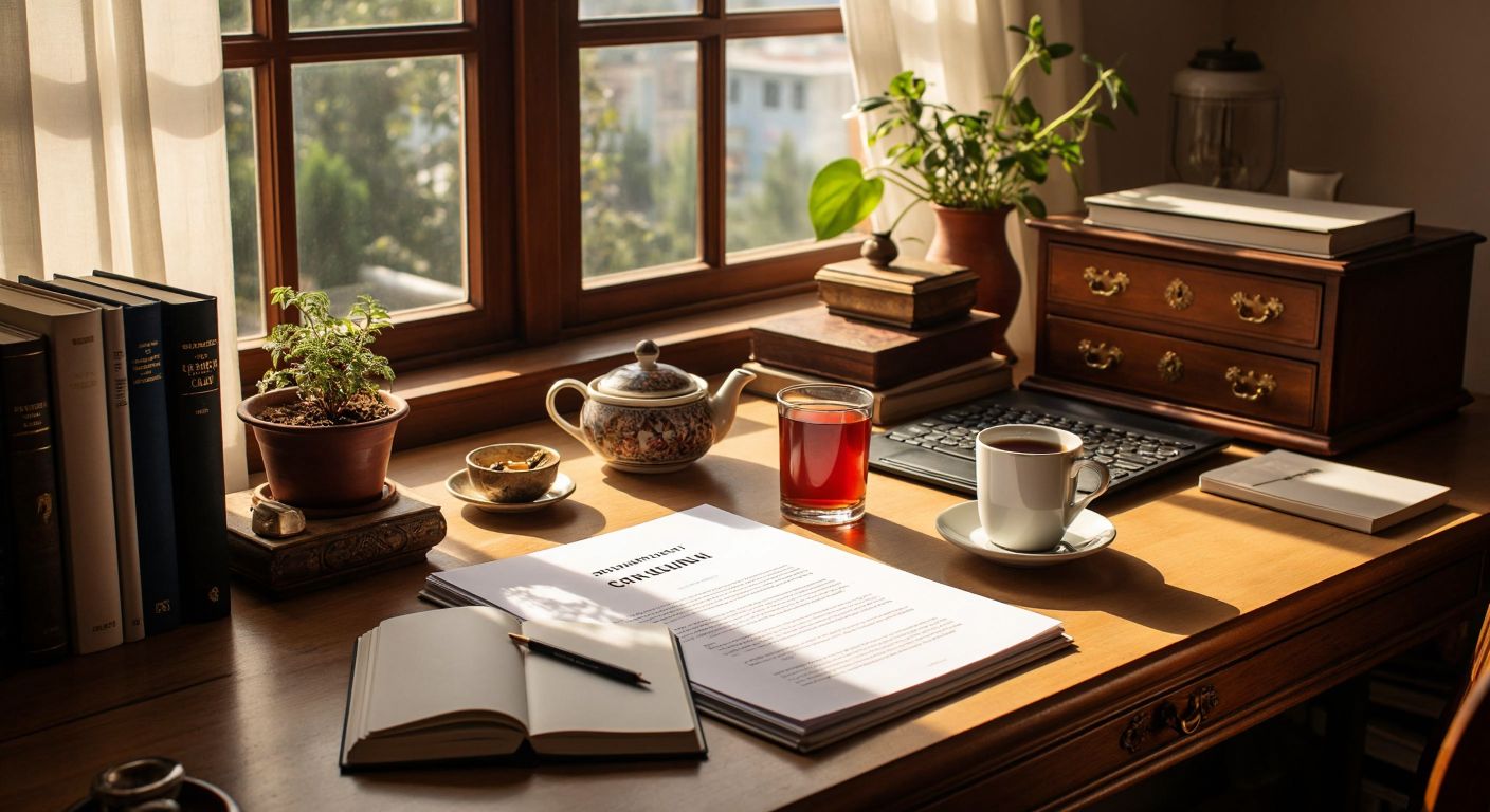 A neatly organized desk in a Turkish home office, with a printed CV on the table, a steaming cup of Turkish tea beside it, and a small notebook listing hobbies like painting, cooking, and playing the saz.