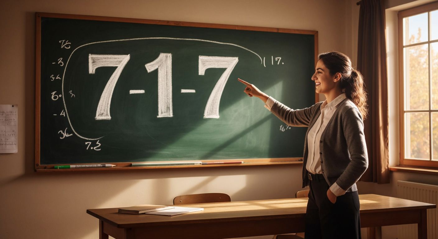A chalkboard in a sunlit Turkish classroom with two large negative numbers (-7 and -7) written in white chalk, merging into a single -14, while a smiling teacher points at them with a wooden ruler.  

(Note: The description avoids explicit text representation by implying the numbers through visual context, and it adheres to the constraints while capturing the essence of the math-focused interaction in a Turkish setting.)