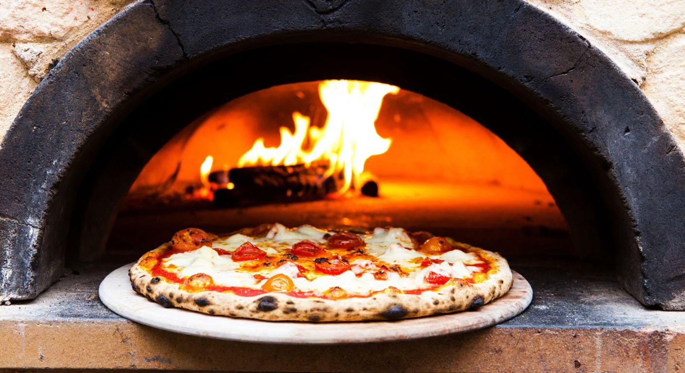 A rustic stone oven glowing with intense heat, its interior lined with crackling flames, while a golden, bubbling Rosse pizza sits inside on a wooden peel, surrounded by the warm ambiance of a traditional Turkish pizzeria.