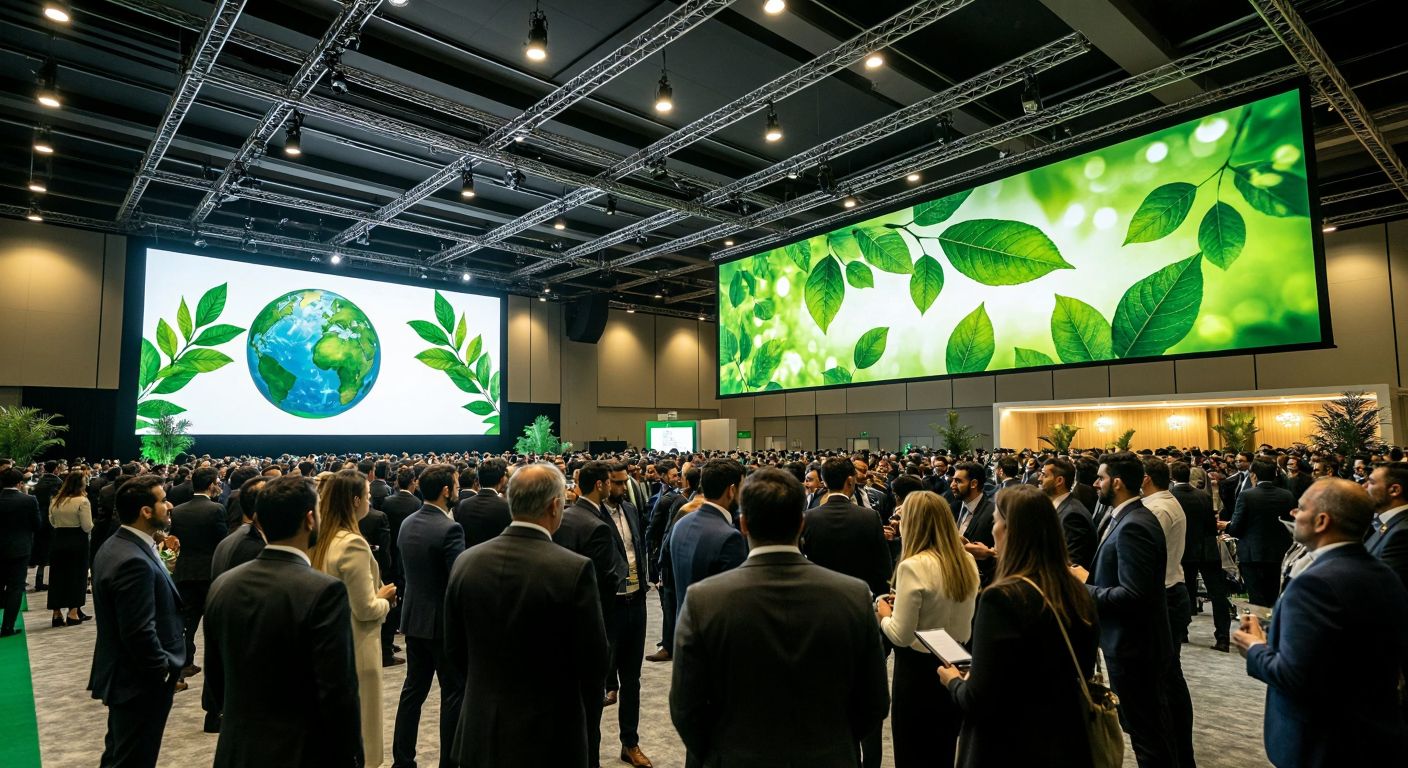 A bustling conference hall in İzmir with a diverse crowd of professionals in formal attire, engaged in lively discussions under bright lights, while a large banner (without text) depicting green leaves and a globe hangs overhead, symbolizing sustainability.