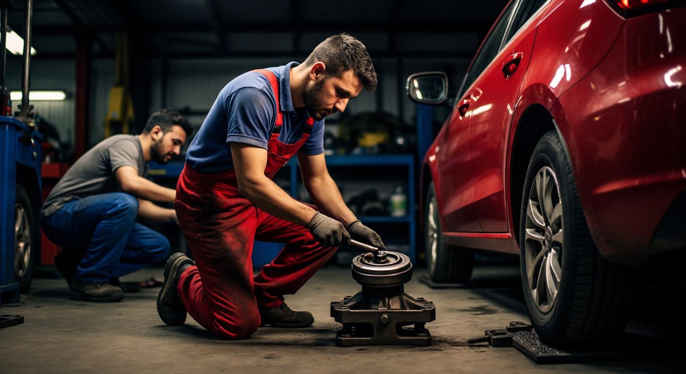 A mechanic in a dimly lit garage in Turkey, wearing oil-stained overalls, carefully lifting a car's axle with a hydraulic jack while another worker inspects a shiny new engine nearby.