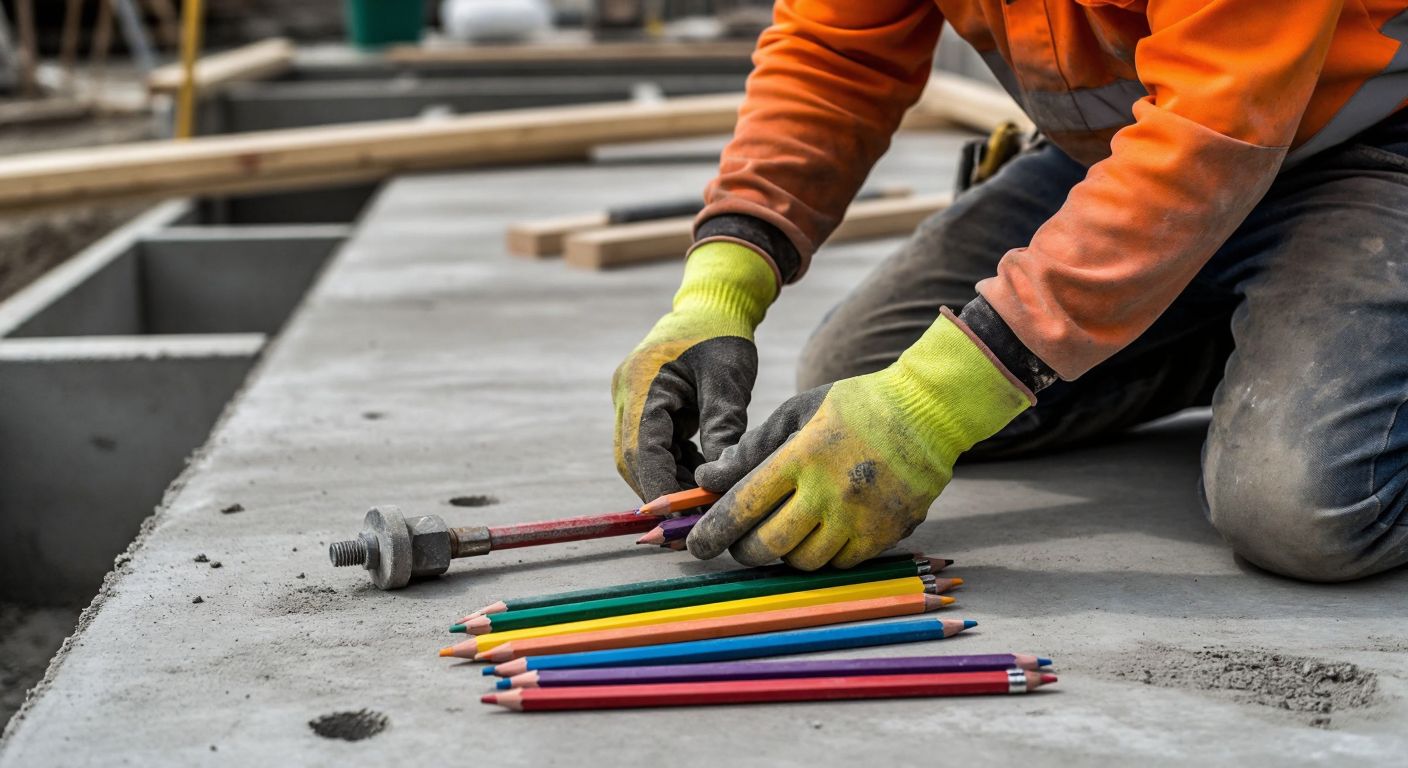 A construction worker in a hard hat and work gloves holds a set of multicolored Mohs hardness pencils against a freshly poured concrete slab in a Turkish construction site, with a diamond grinding tool resting nearby.