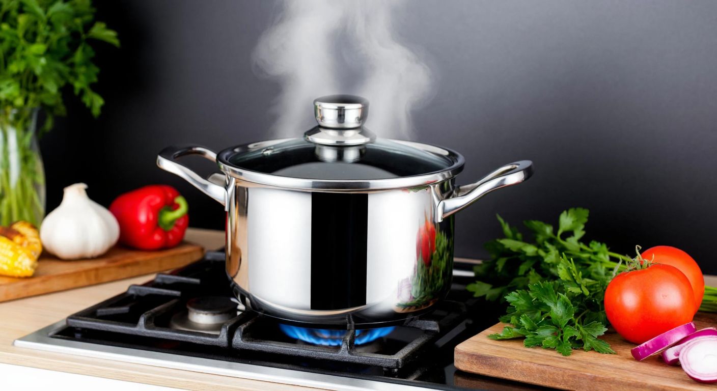 A gleaming stainless steel pressure cooker with ergonomic handles sits on a stovetop, steam gently escaping from its valve, surrounded by fresh vegetables and herbs in a Turkish kitchen.