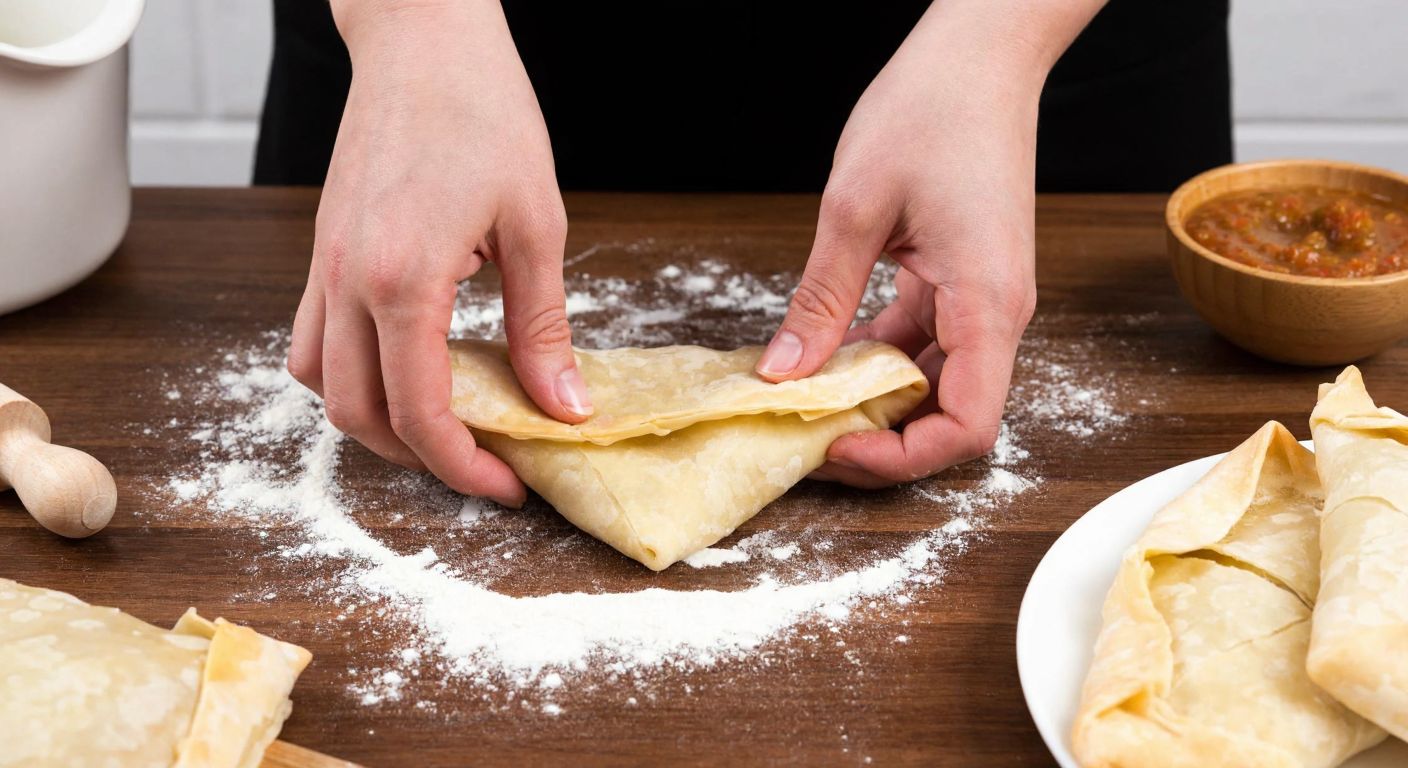 A pair of hands carefully folding a thin, flaky yufka dough into a triangular muska böreği on a flour-dusted wooden table, with a bowl of filling and a pastry brush nearby.