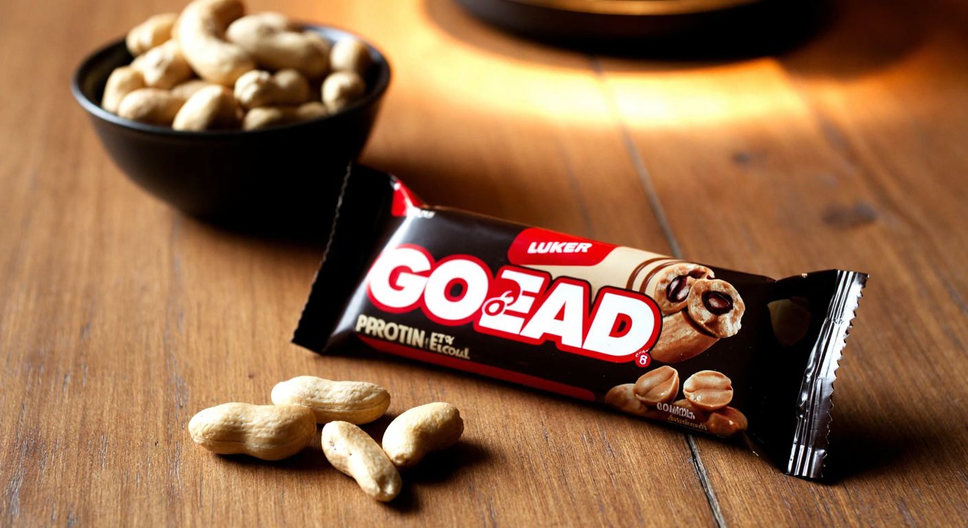 A close-up of a **Ülker Go Ahead Protein Bar** on a wooden table, with a small bowl of roasted peanuts beside it, under warm Turkish café lighting.