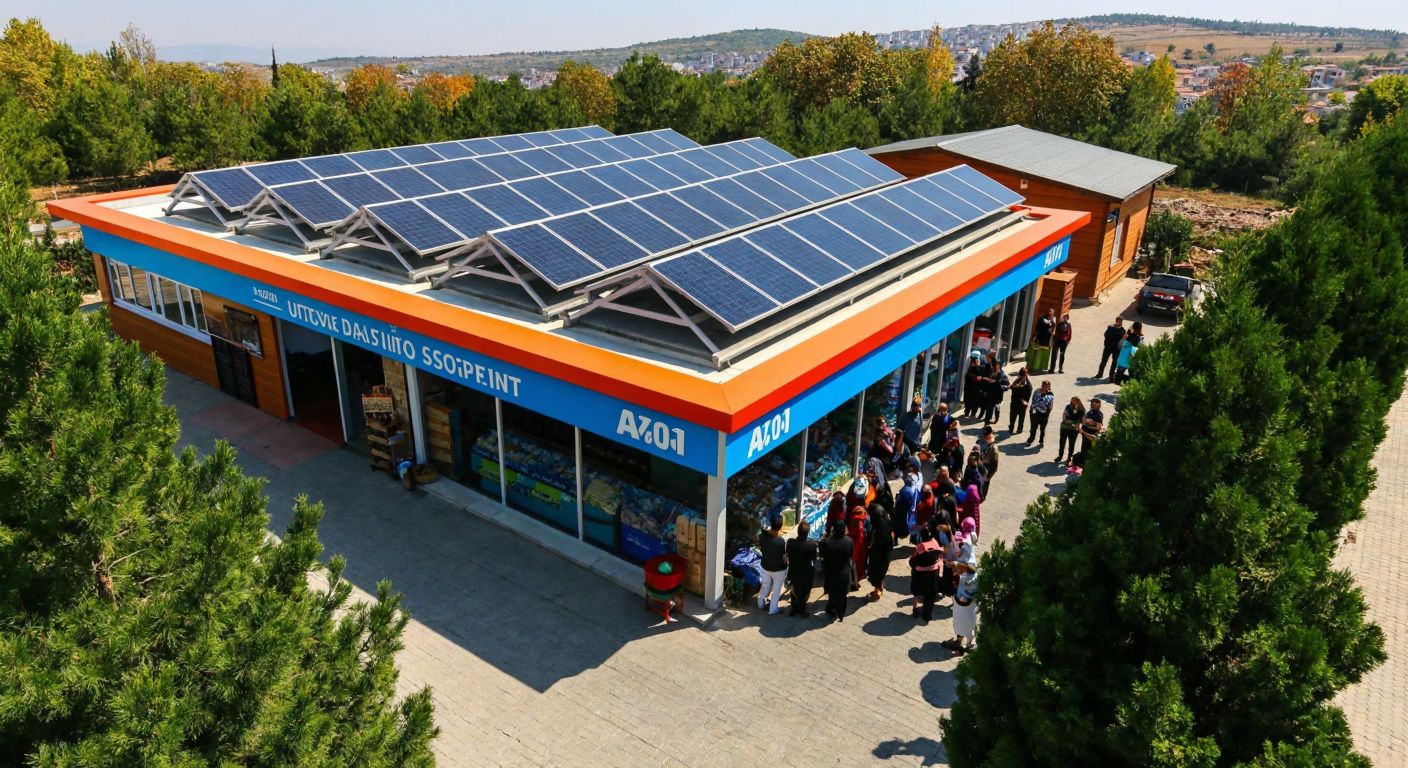 A vibrant A101 supermarket in Turkey with solar panels on its roof, surrounded by lush greenery, while a diverse group of employees, predominantly women, attend a training session inside the store.