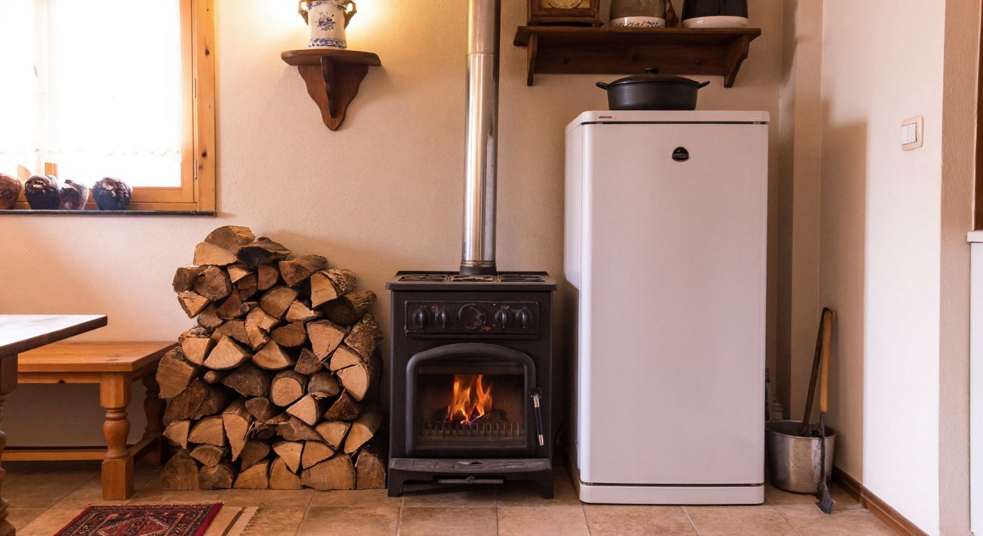 A warm Turkish home with a well-maintained traditional gas boiler in the corner, surrounded by neatly stacked firewood and a cozy atmosphere.