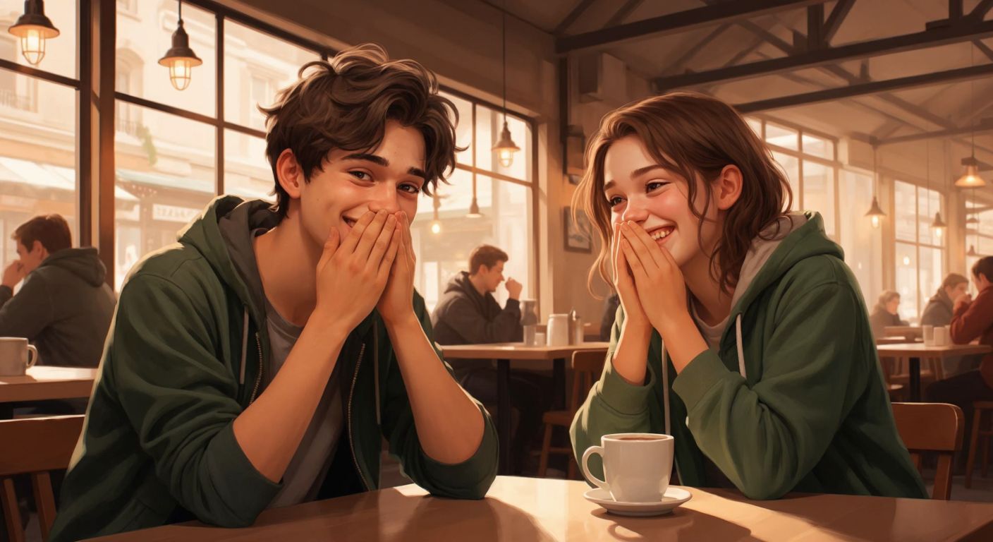 A mischievous young person in a café slyly smirking (😏) while another warmly smiles (🙂) across the table, their hands covering their mouths (🤭) as if sharing a playful secret.