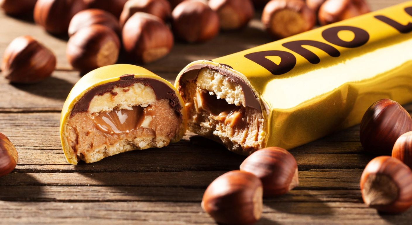 A close-up of a golden-wrapped Dido chocolate bar split open to reveal a creamy hazelnut paste filling, surrounded by scattered hazelnuts on a rustic wooden table in warm sunlight.
