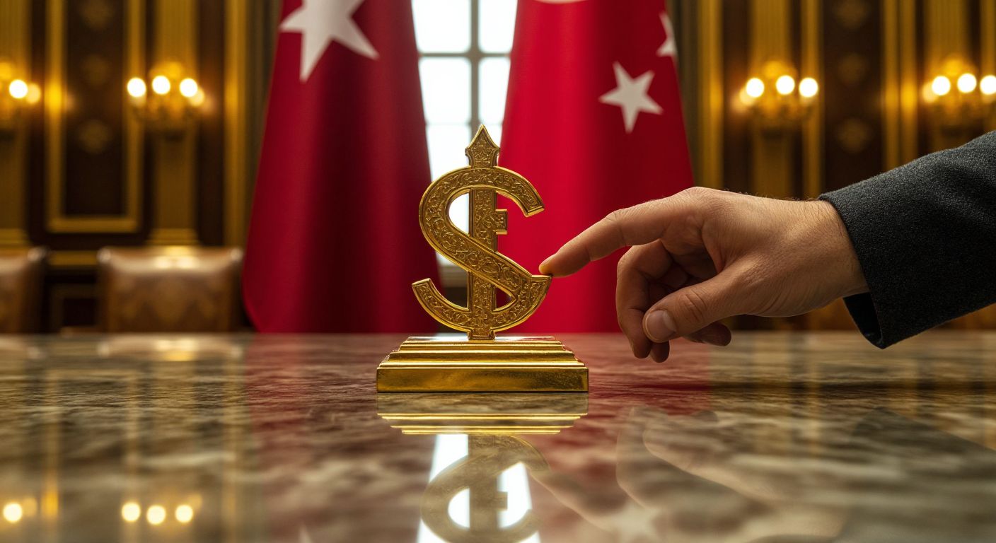 A golden ₺ symbol shining brightly against a deep red Turkish flag, with a hand placing it onto a polished marble surface in a grand government building.