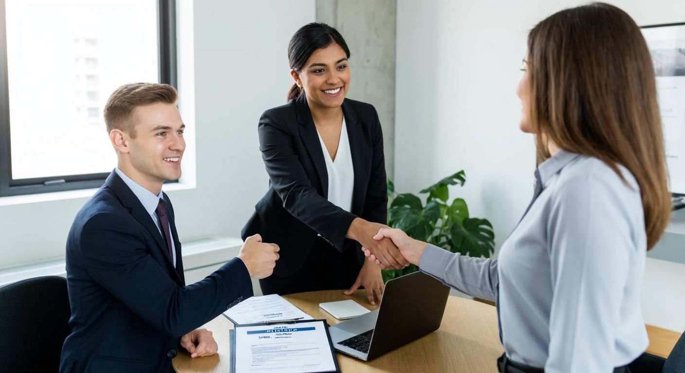 A young professional in a neat business outfit confidently shakes hands with a hiring manager in a modern office, with a laptop and résumé on the table between them, symbolizing a successful job application process.