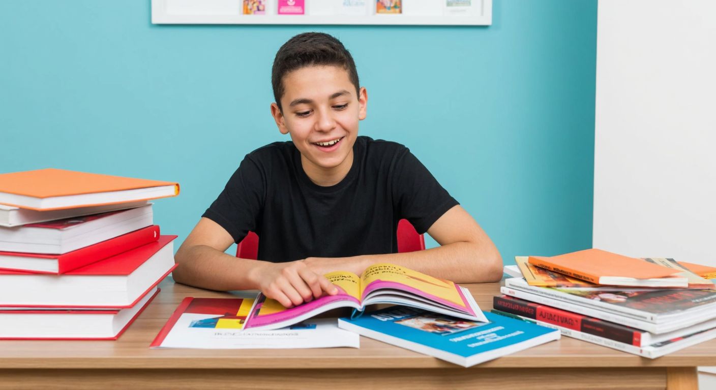 A Turkish middle school student eagerly flipping through colorful Tonguç Akademi textbooks at a wooden desk, surrounded by stacked books and study materials, with a hopeful expression.
