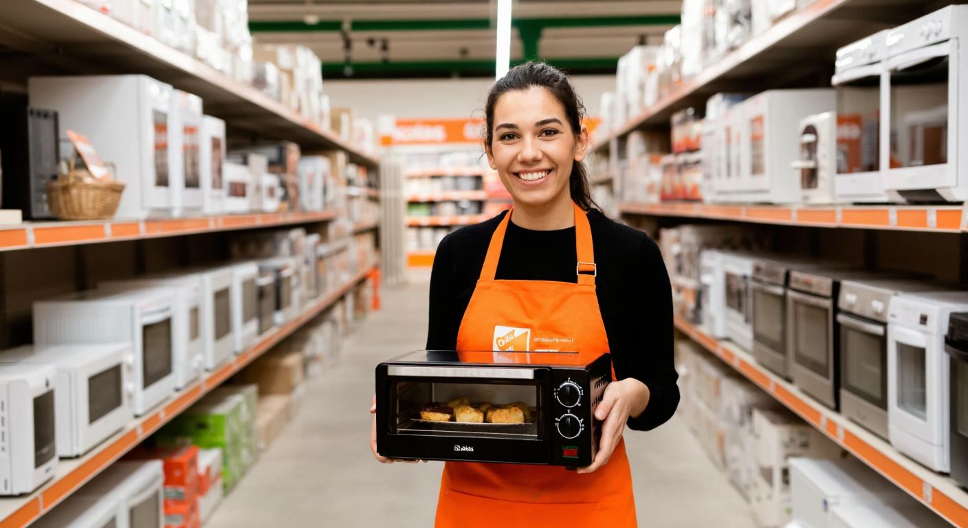 A cheerful Turkish shopper in a bright orange apron smiles while holding a compact mini oven in a well-lit Koçtaş store aisle, surrounded by neatly stacked home appliances.