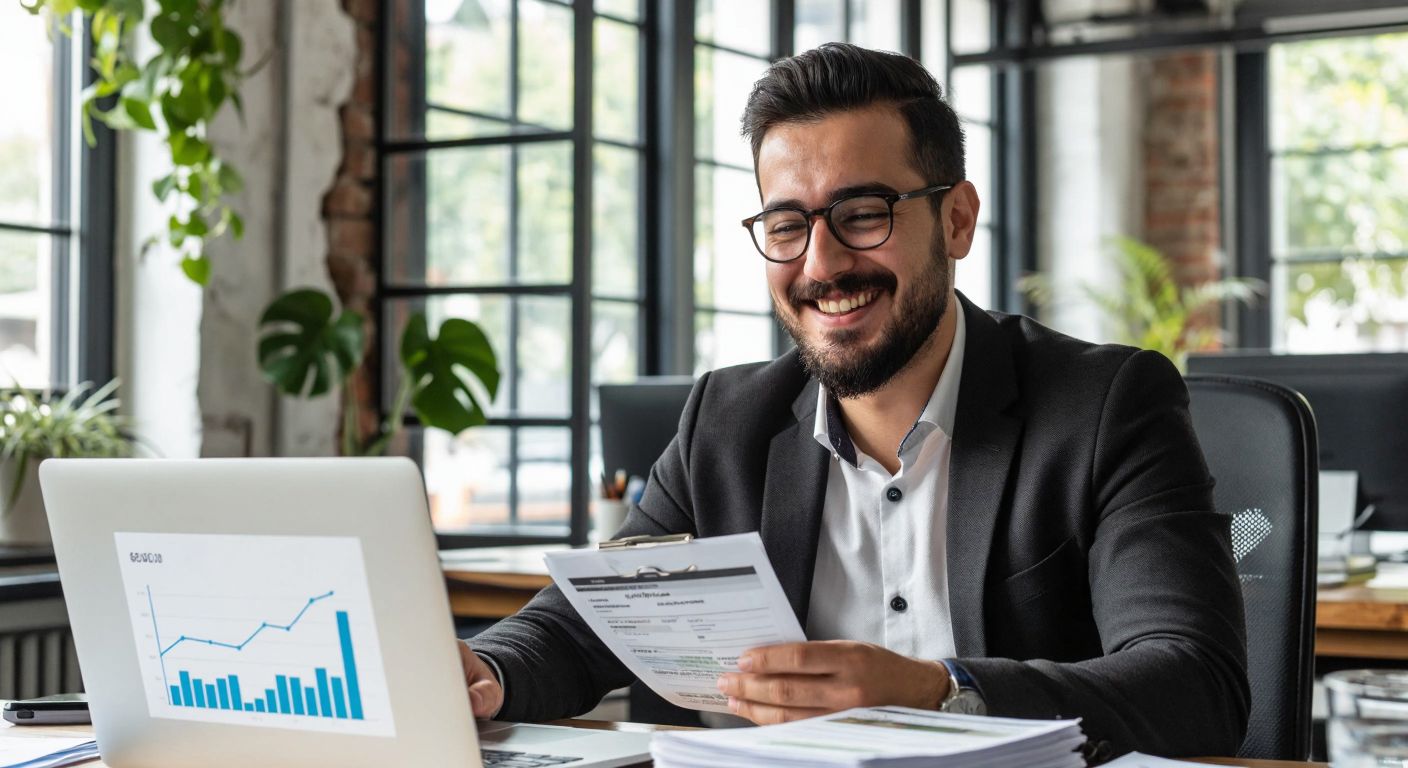 A Turkish entrepreneur in a modern office smiles while reviewing a stack of subscription invoices, with a laptop displaying a growing revenue graph in the background.