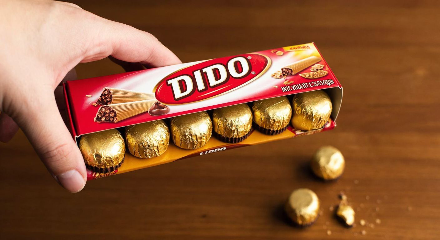 A hand holding an open **Ülker Dido** chocolate wafer package with **12 golden-wrapped wafers** neatly arranged inside, set against a warm wooden table with crumbs scattered nearby.