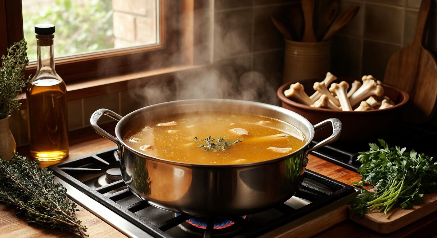 A warm, golden-hued pot of simmering bone broth on a stove, with gelatinous texture visible when stirred, surrounded by fresh organic bones, herbs, and a bottle of natural vinegar, evoking a cozy Turkish kitchen.