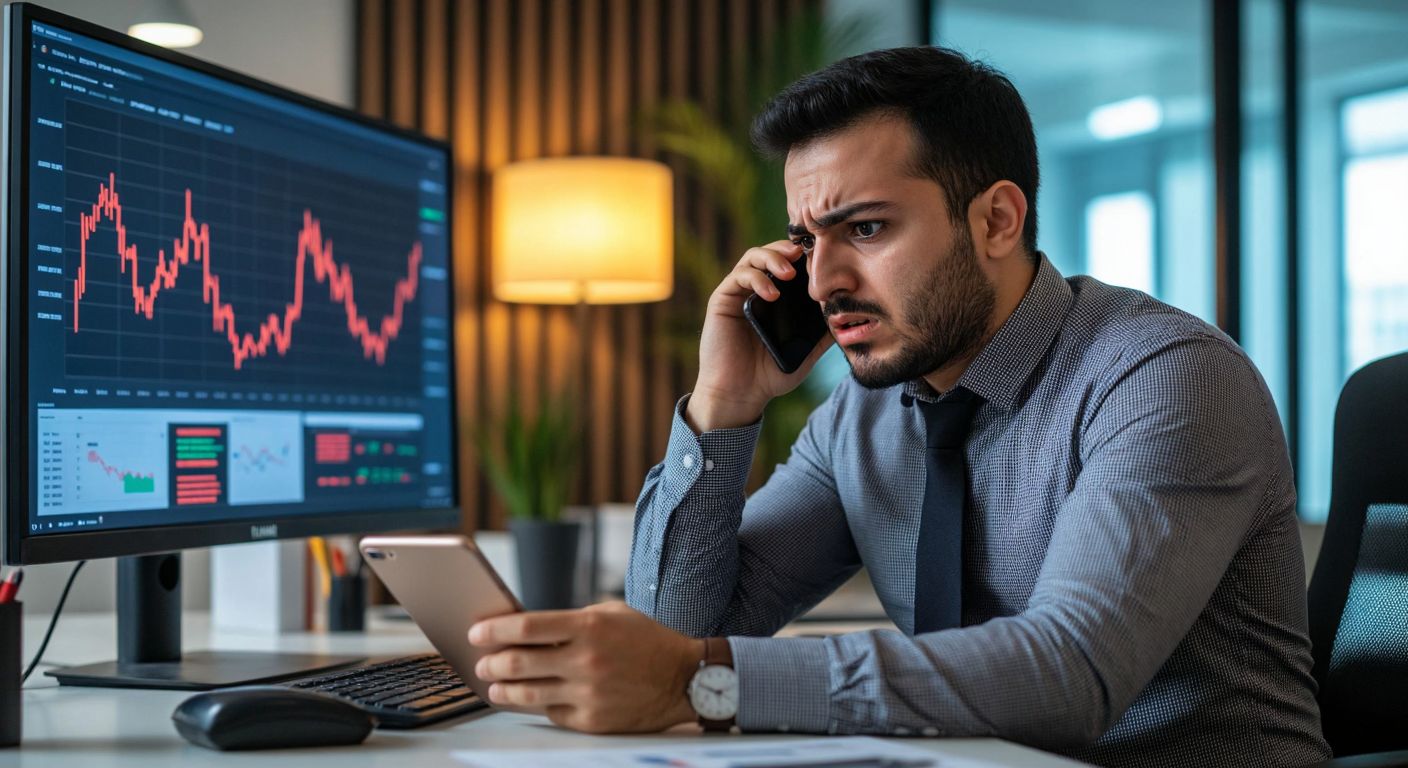 A tense Turkish investor in a modern office, gripping a phone with a worried expression, while a financial chart on a monitor dips sharply into the red.