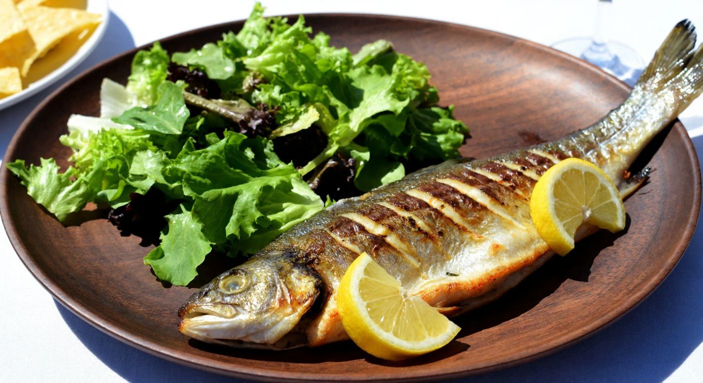A golden-brown grilled trout on a rustic wooden plate, garnished with lemon slices and fresh herbs, placed beside a vibrant green salad in a sunlit Turkish countryside setting.