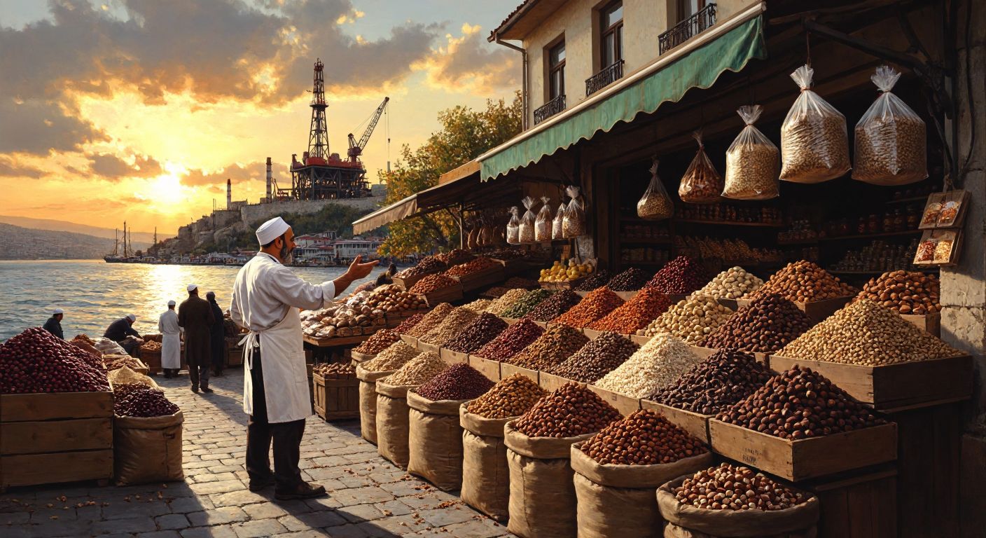 A bustling Turkish marketplace with sacks of hazelnuts and spices, a vendor in a white apron gesturing toward a display of natural food ingredients, and a distant oil rig silhouette under a golden sunset.