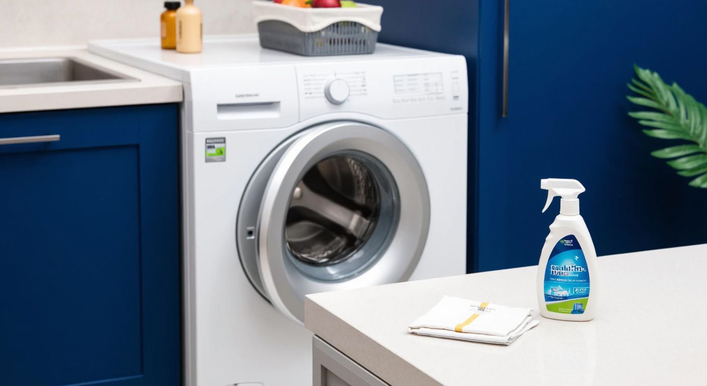 A modern Turkish kitchen with a gleaming white washing machine, its door slightly ajar, revealing a clean drum, while a neatly folded user manual and a small bottle of specialized detergent sit on the counter nearby.