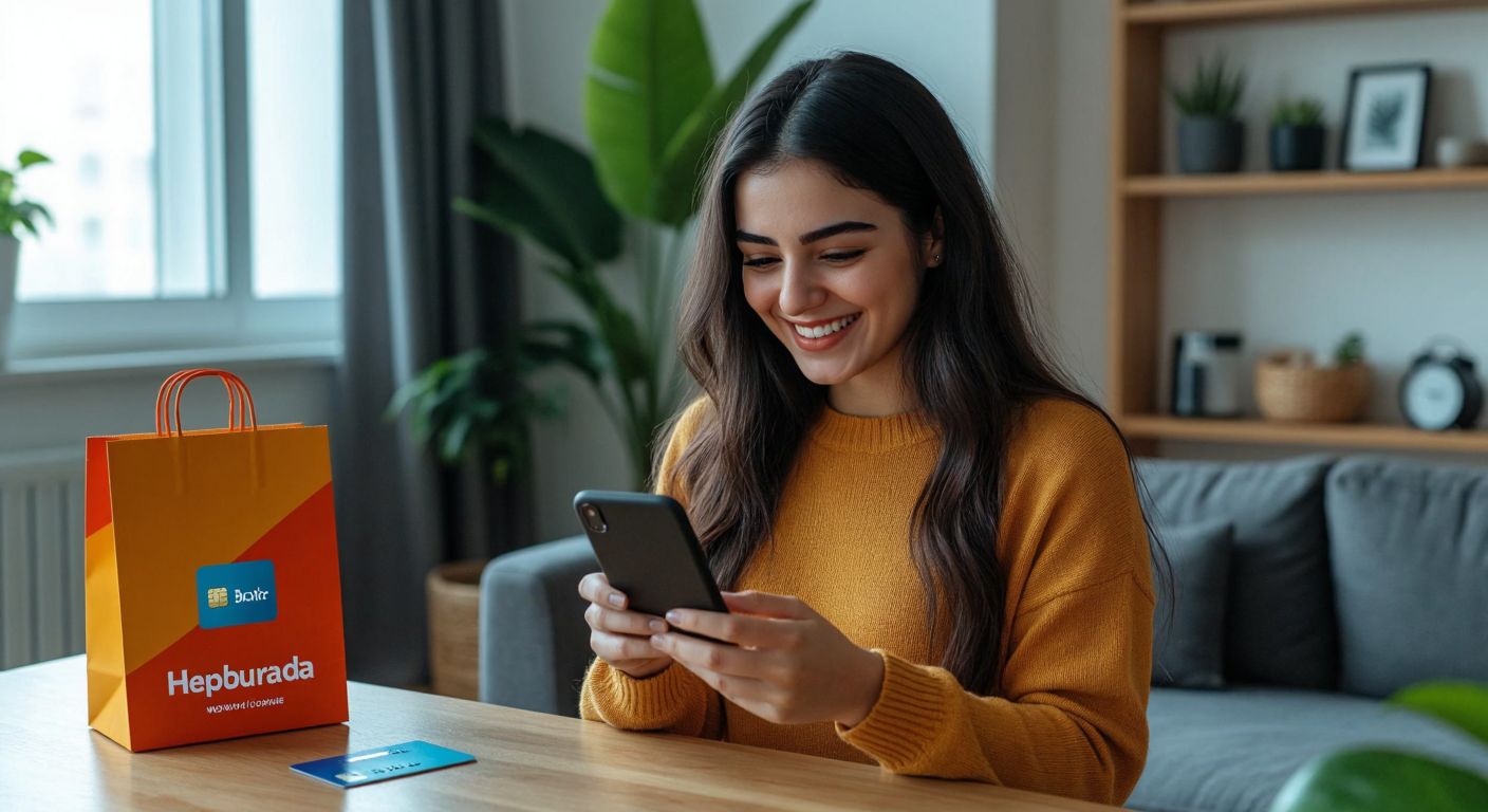 A smiling Turkish woman in a modern home setting holds a smartphone while browsing an online shopping app, with a colorful Hepsiburada package on the table beside her and a Worldcard credit card in her hand.